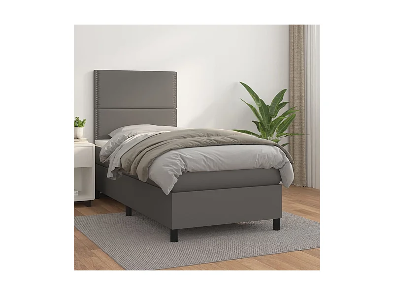 Cama continental com molas+ colchão 90x190 cm couro artificial cinzento PT972521