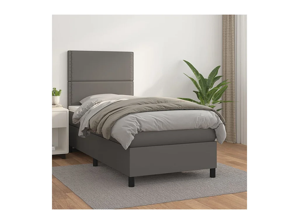 Cama continental com molas+ colchão 90x190 cm couro artificial cinzento PT972521