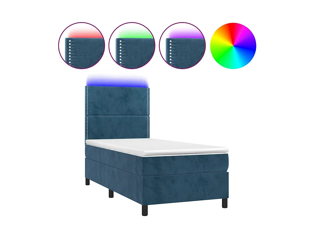 Conjunto Boxspring - 90x190 cm + Somieres + colchón + LED terciopelo azul oscuro ES42610
