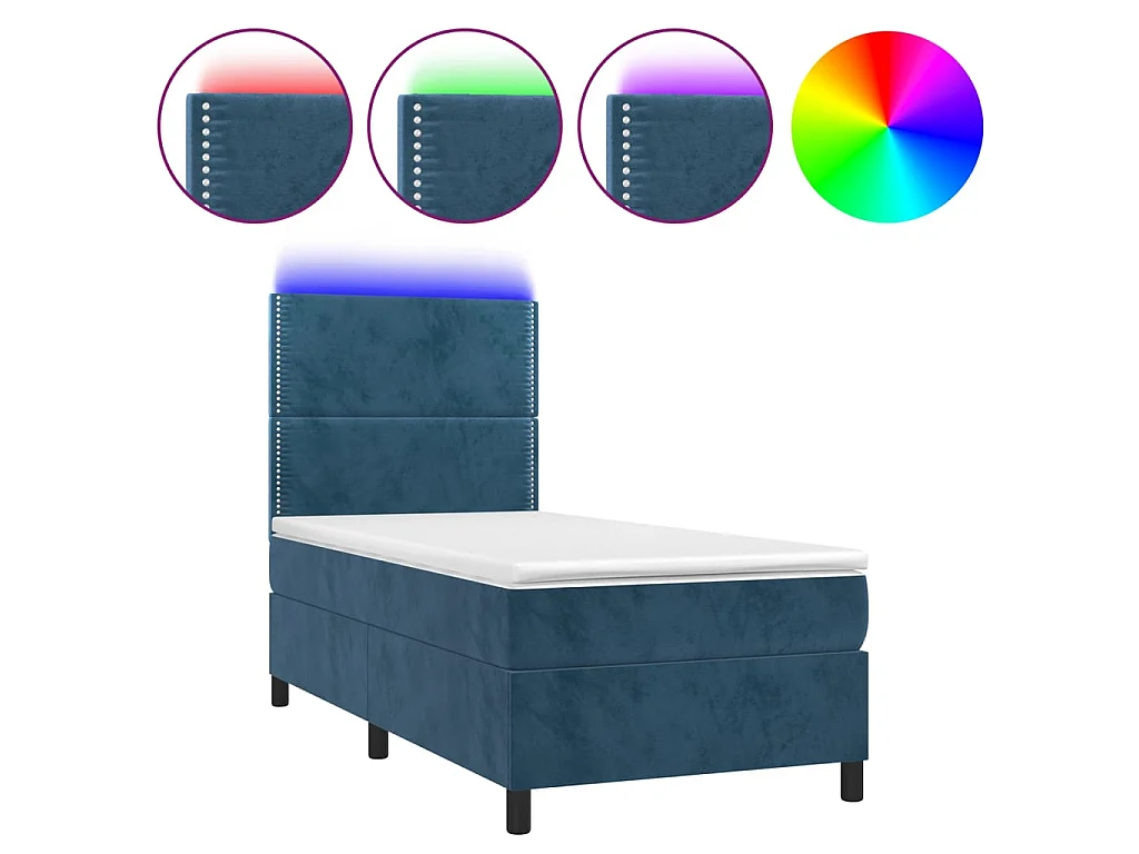 Conjunto Boxspring - 90x190 cm + Somieres + colchón + LED terciopelo azul oscuro ES42610