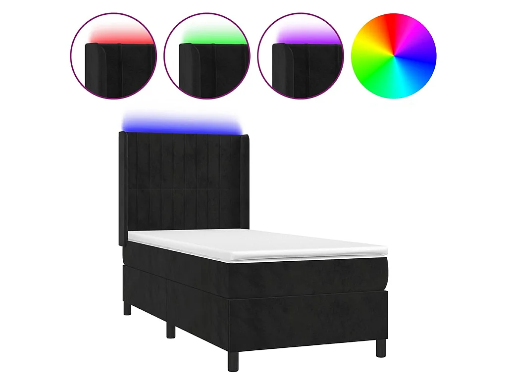 Conjunto Boxspring - 90x190 cm + Somieres + colchón + LED terciopelo negro ES43805
