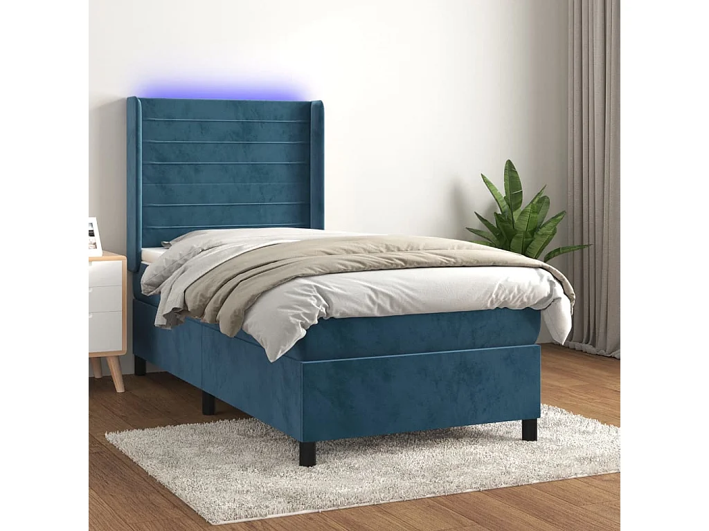 Cama continental c/ colchão/LED 80x200 cm veludo azul-escuro PT308420