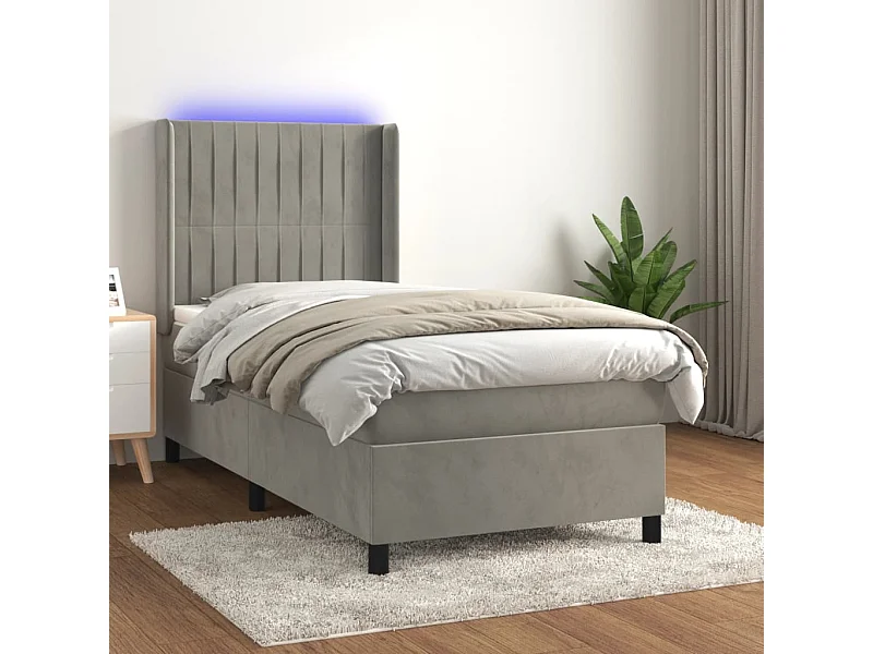 Cama continental c/ colchão/LED 90x200 cm veludo cinzento-claro PT205559