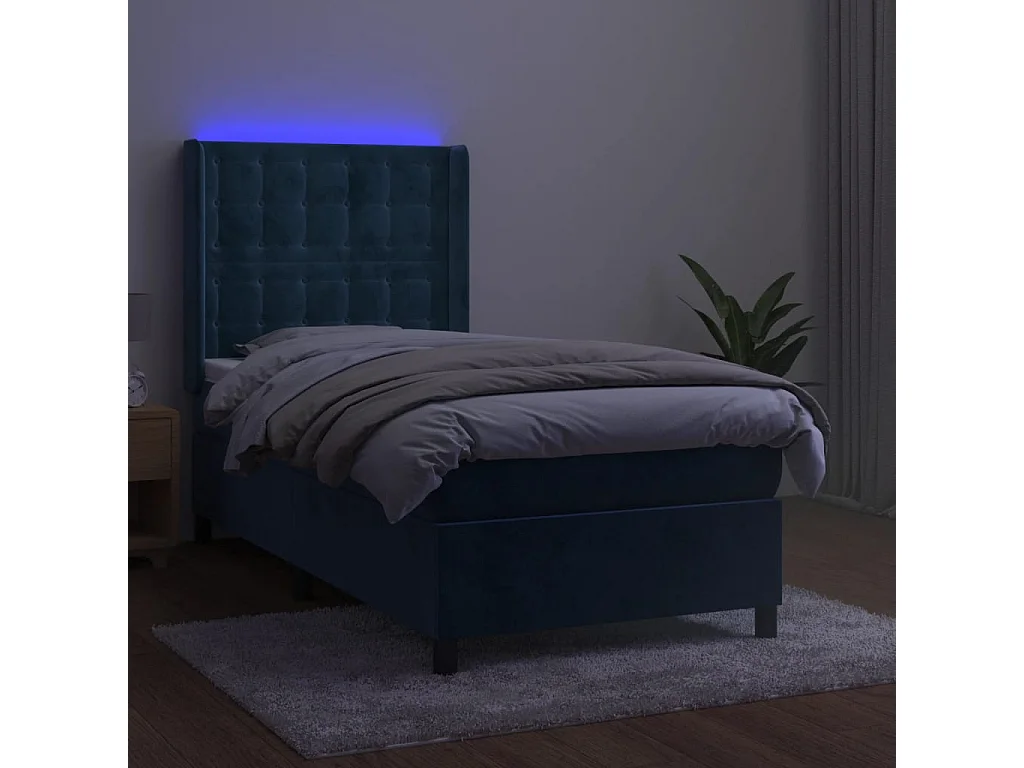 Conjunto Boxspring - 80x200 cm + Somieres + colchón + LED terciopelo azul oscuro ES42774