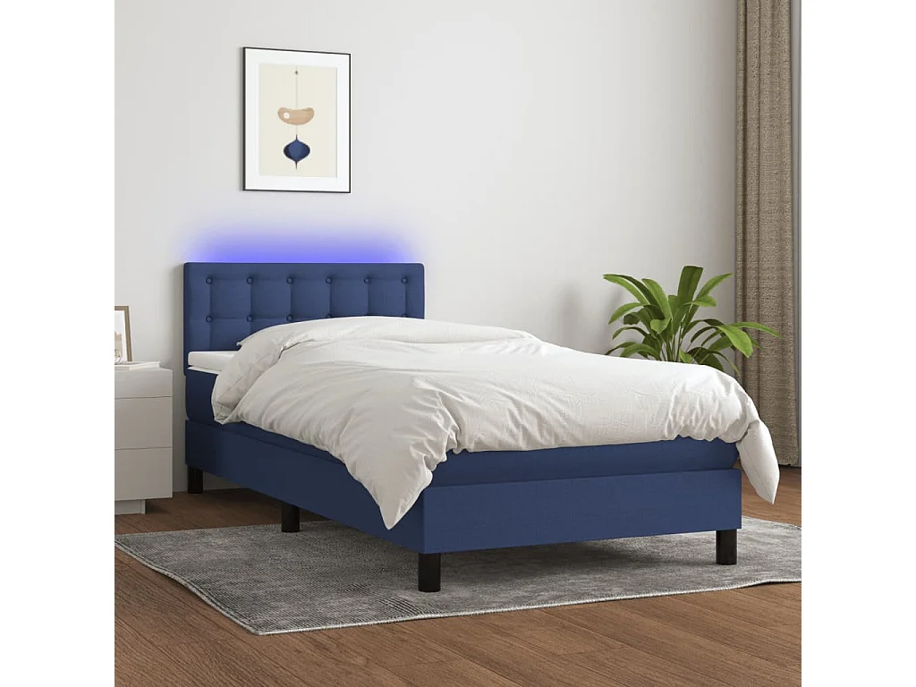 Conjunto Boxspring - 80x200 cm + Somieres + colchón + luces LED tela azul ES42460