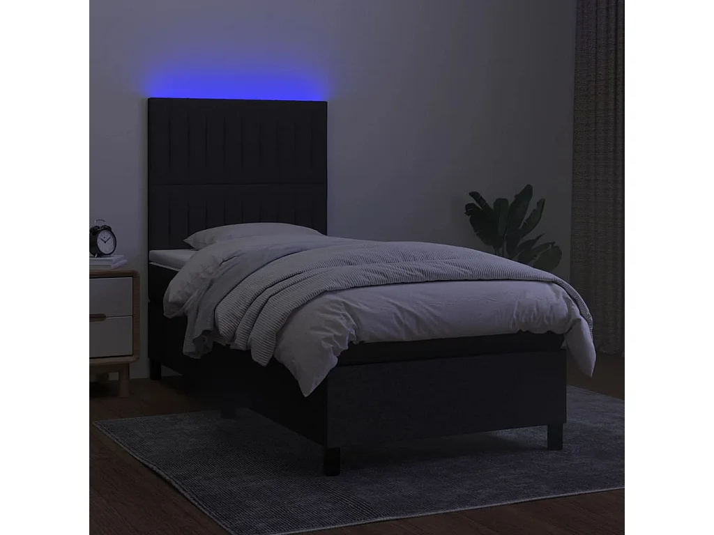 Cama continental c/ colchão e LED 100x200 cm tecido preto PT238608
