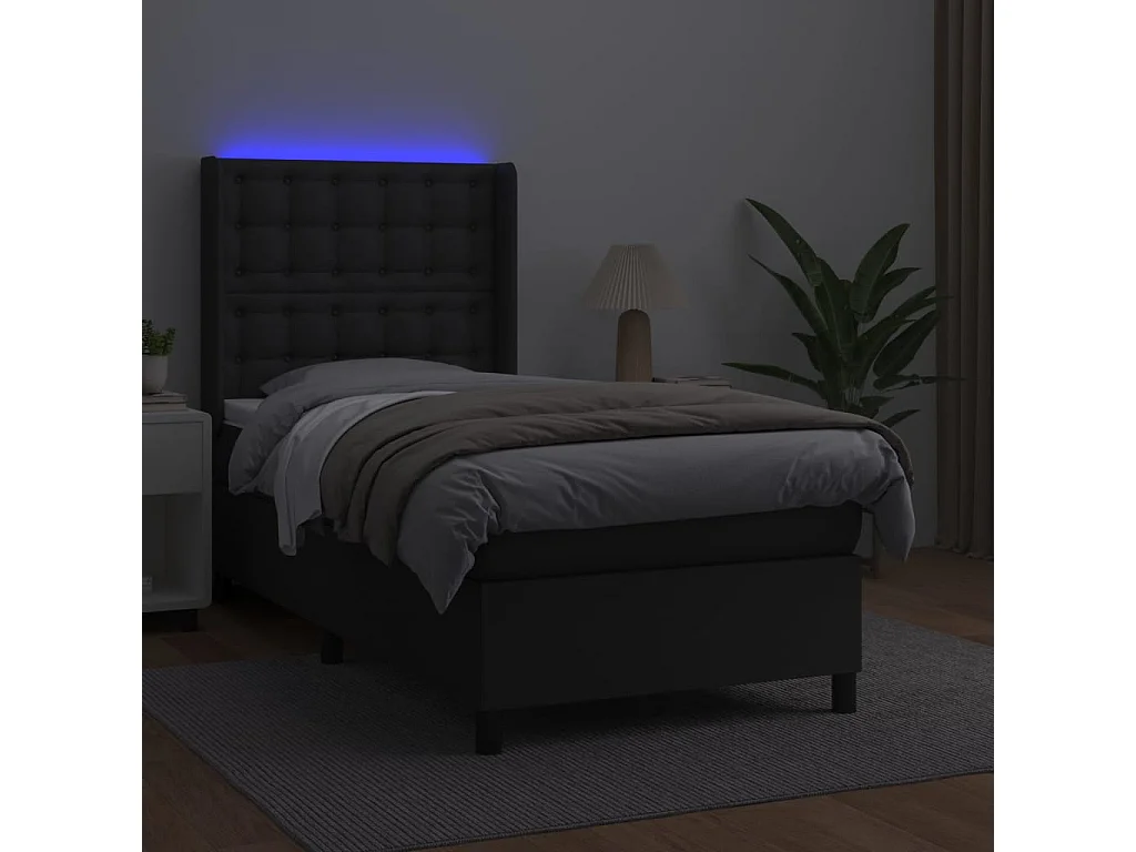 Cama continental c/ colchão/LED 90x190 cm couro artificial preto PT946749
