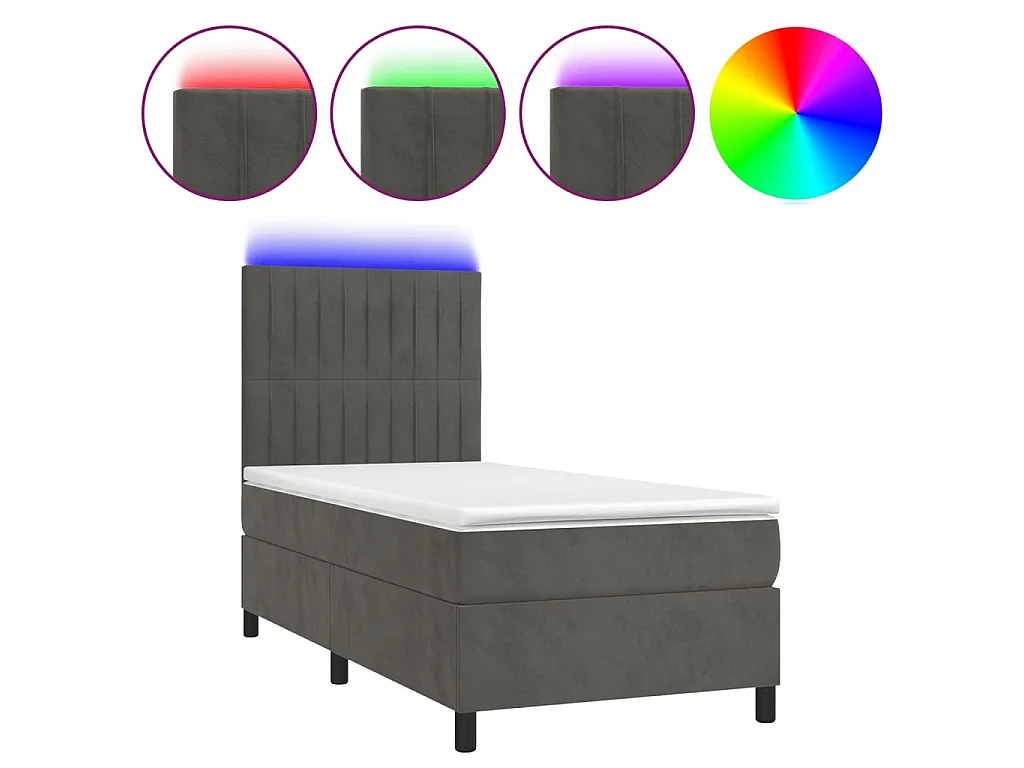 Conjunto Boxspring - 90x200 cm + Somieres + colchón + LED terciopelo gris oscuro ES42857