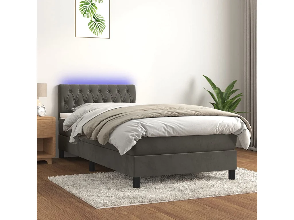 Cama continental c/ colchão/LED 90x200 cm veludo cinzento-escuro PT515800