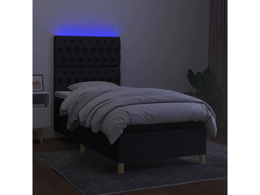Conjunto Boxspring - 90x200 cm + Somieres + colchón + luces LED tela negro ES43517