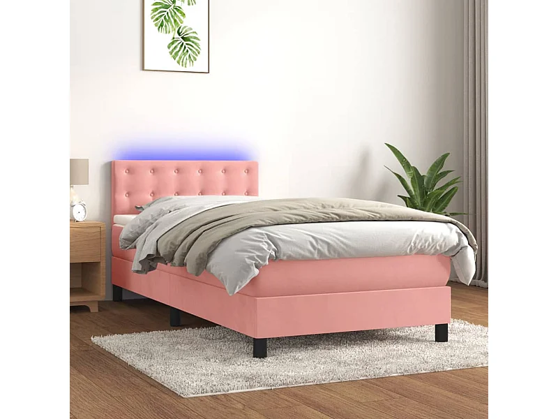 Conjunto Boxspring - 90x200 cm + Somieres + colchón + LED terciopelo rosa ES44242