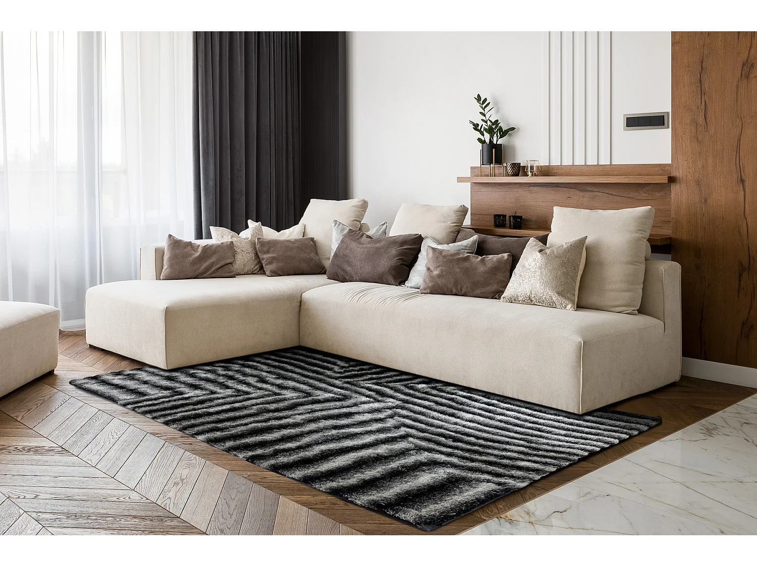 Tapis moderne FLIM 010-B3 shaggy, labyrinthe - Structural noir / gris 80x150 cm