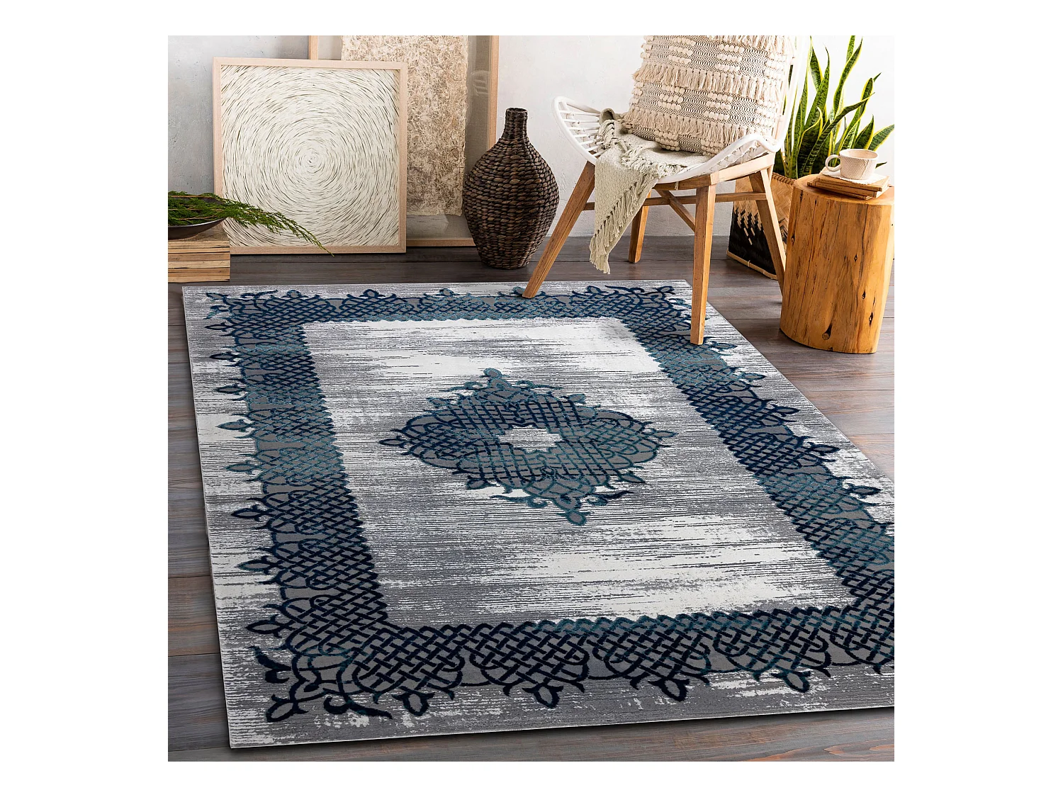 Tapijt CORE W9797 Kader, Rosette - structureel, twee lagen vlies, blau 140x190 cm