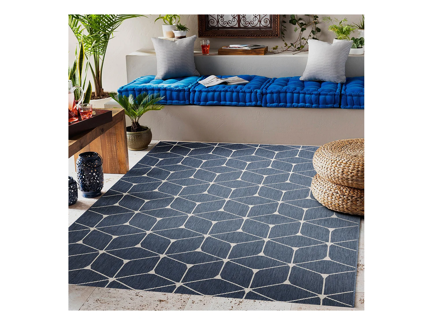 Sisal tapijt SISAL FLAT 48721/591 BLOKJES 3D blauw 80x150 cm