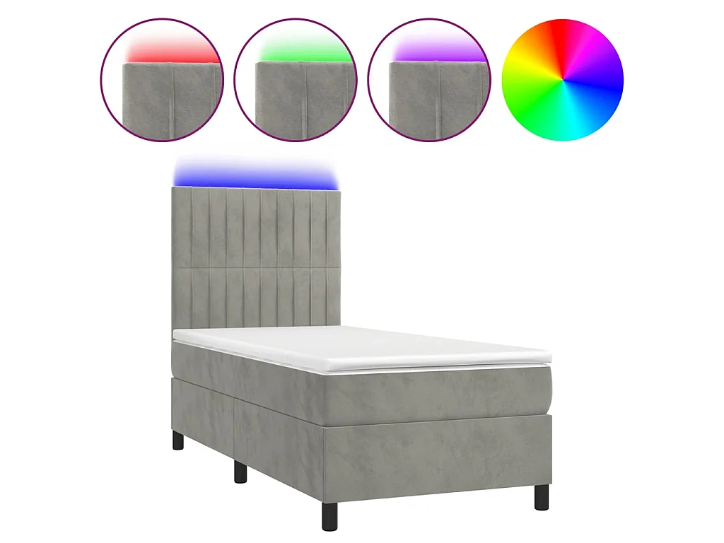 Conjunto Boxspring - 80x200 cm + Somieres + colchón + LED terciopelo gris claro ES42825