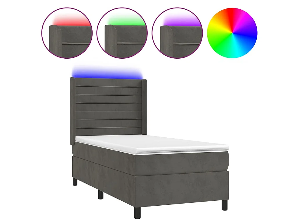 Conjunto Boxspring - 80x200 cm + Somieres + colchón + LED terciopelo gris oscuro ES42542