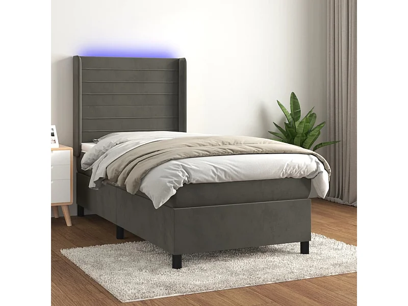 Conjunto Boxspring - 80x200 cm + Somieres + colchón + LED terciopelo gris oscuro ES42542