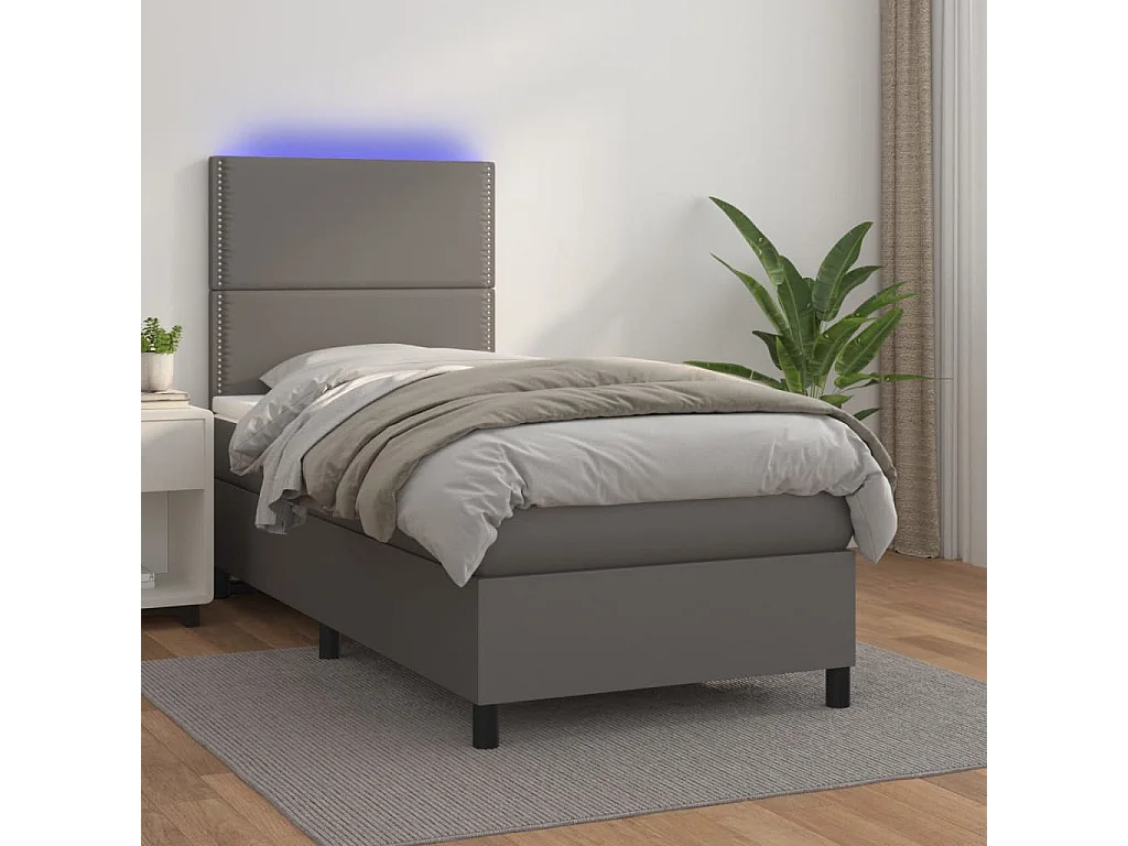 Conjunto Boxspring - 90x190 cm + Somieres + colchón + LED cuero sintético gris ES44272
