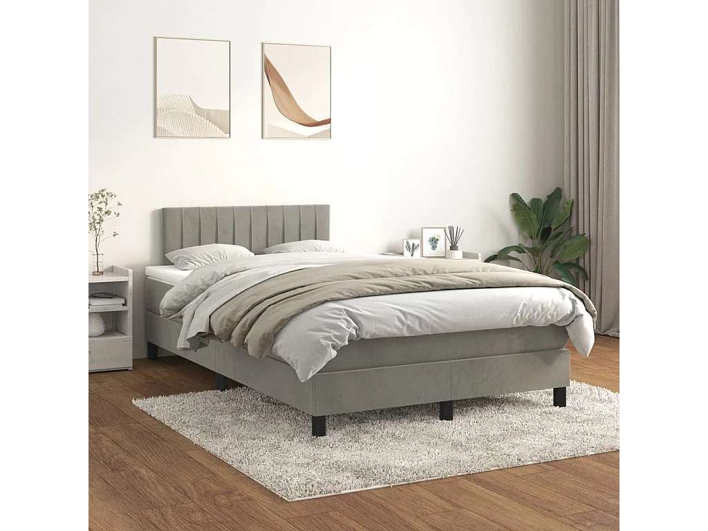 Ensemble complet boxspring - 120x200 cm + sommier tapissier + matelas Gris clair Velours SRGW42577