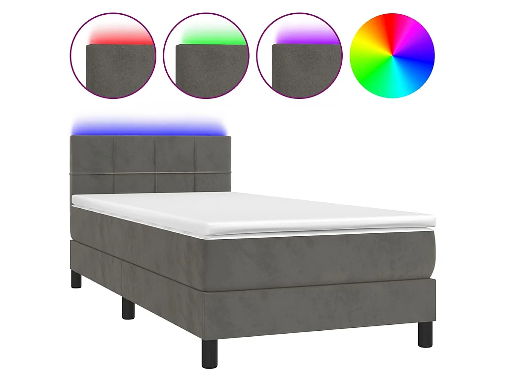 Conjunto Boxspring - 90x190 cm + Somieres + colchón + LED terciopelo gris oscuro ES42484