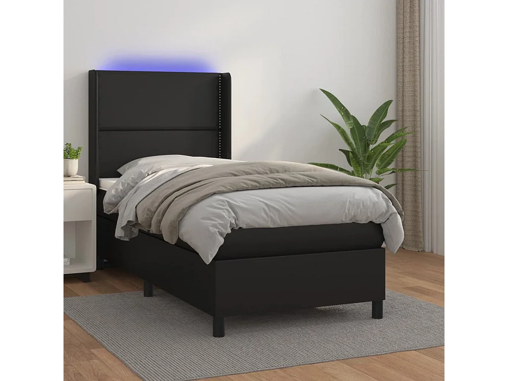 Conjunto Boxspring - 90x190 cm + Somieres + colchón + LED cuero sintético negro ES44255