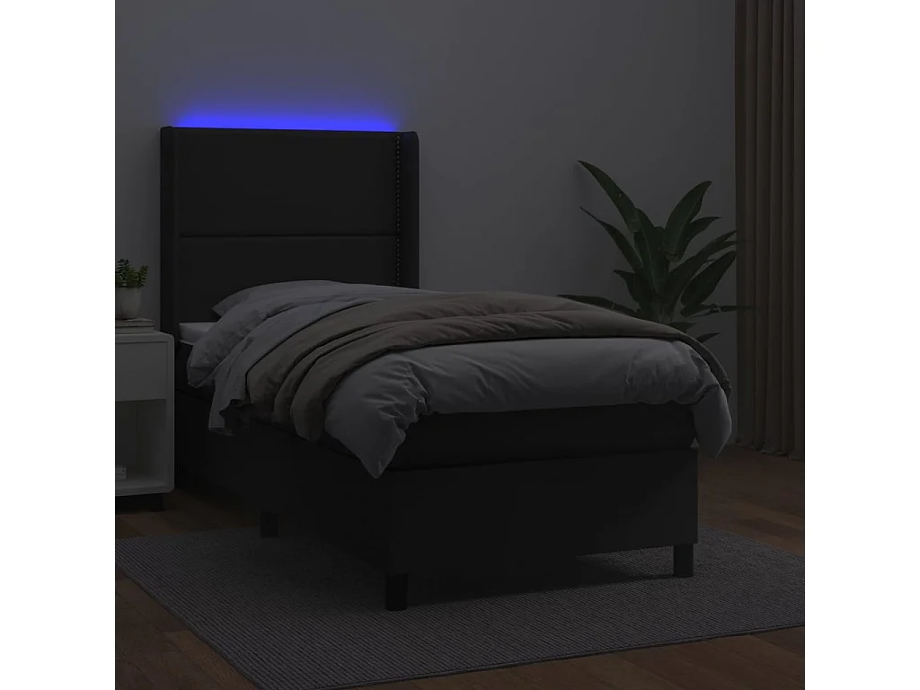 Conjunto Boxspring - 90x190 cm + Somieres + colchón + LED cuero sintético negro ES44255