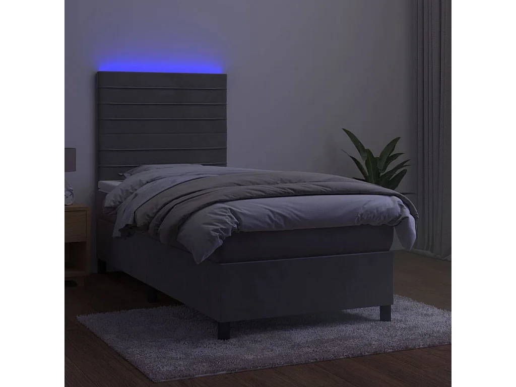 Conjunto Boxspring - 90x200 cm + Somieres + colchón + LED terciopelo gris claro ES42569