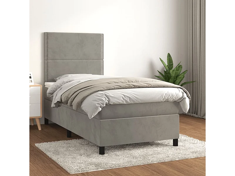 Ensemble complet boxspring - 90x190 cm + sommier tapissier + matelas Gris clair Velours SRGW61048