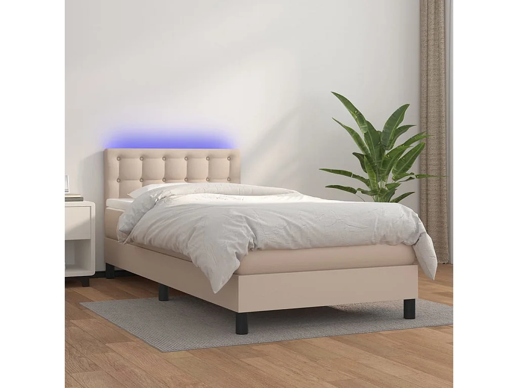 Conjunto Boxspring - 100x200 cm + Somieres + colchón + LED cuero sintético capuchino ES45307