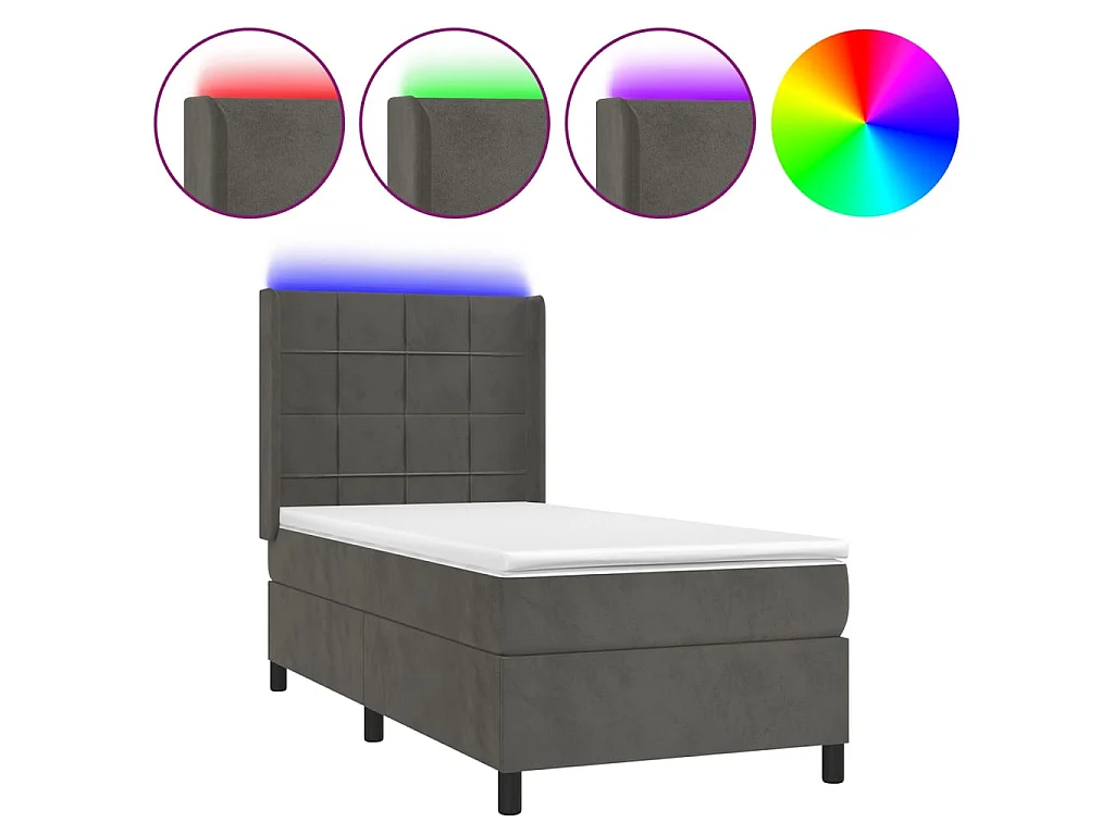 Conjunto Boxspring - 90x190 cm + Somieres + colchón + LED terciopelo gris oscuro ES43018
