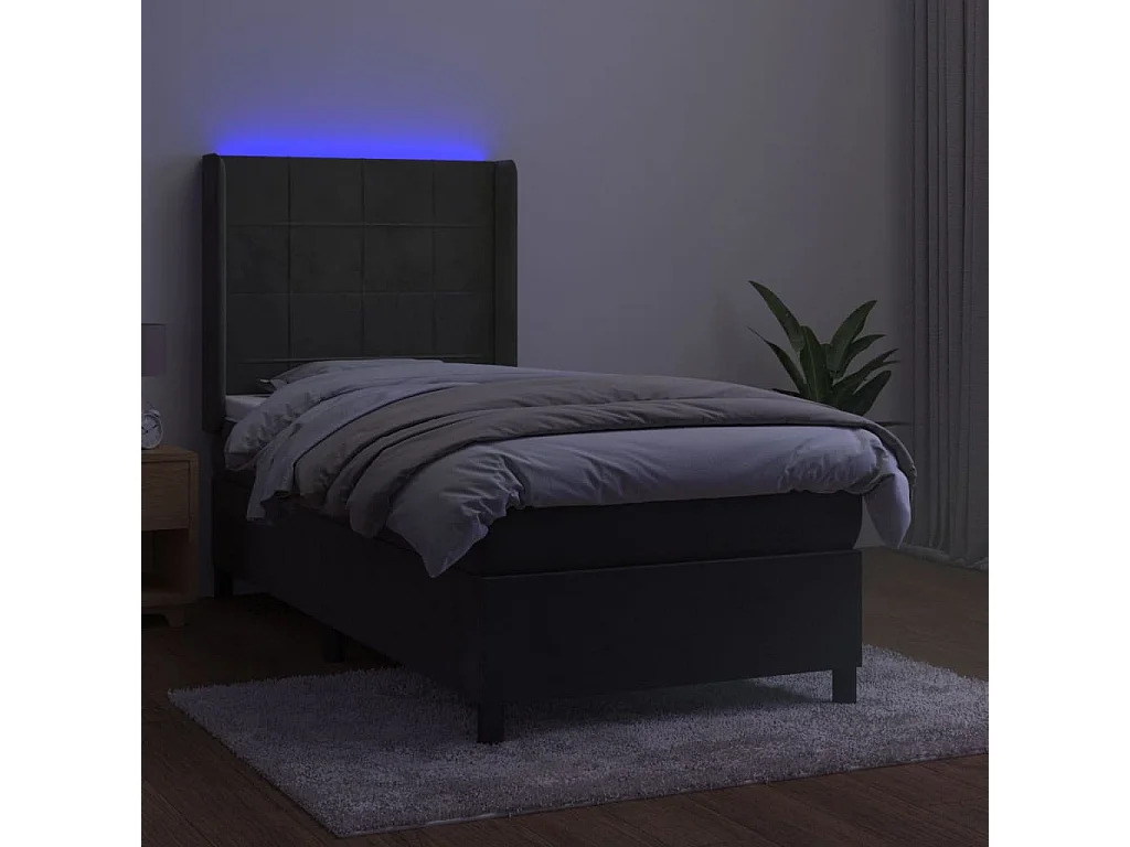Conjunto Boxspring - 90x190 cm + Somieres + colchón + LED terciopelo gris oscuro ES43018