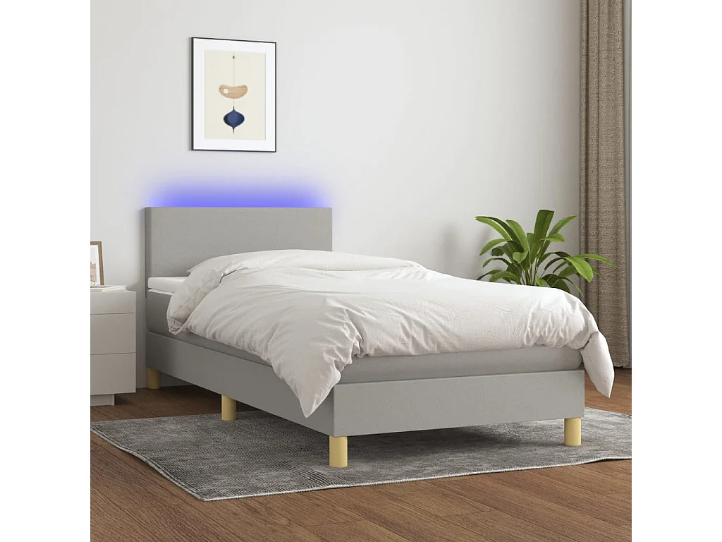 Conjunto Boxspring - 90x200 cm + Somieres + colchón + luces LED tela gris claro ES43426