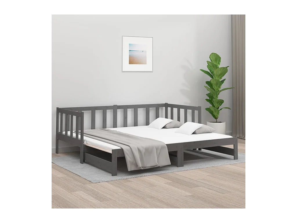 Lit gigogne Gris 2x(90x190) cm Bois de pin massif POI22923