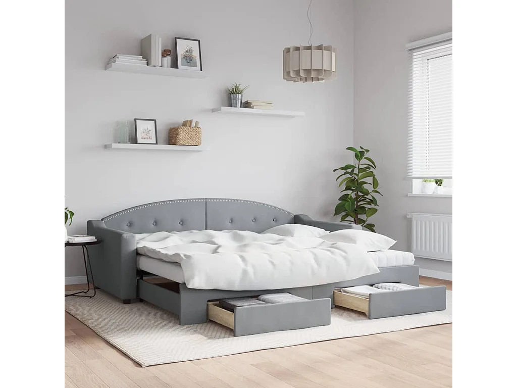 Tagesbett Ausziehbar,Ausziehbett mit Schubladen Hellgrau 90x200 cm Stoff -gkd12522