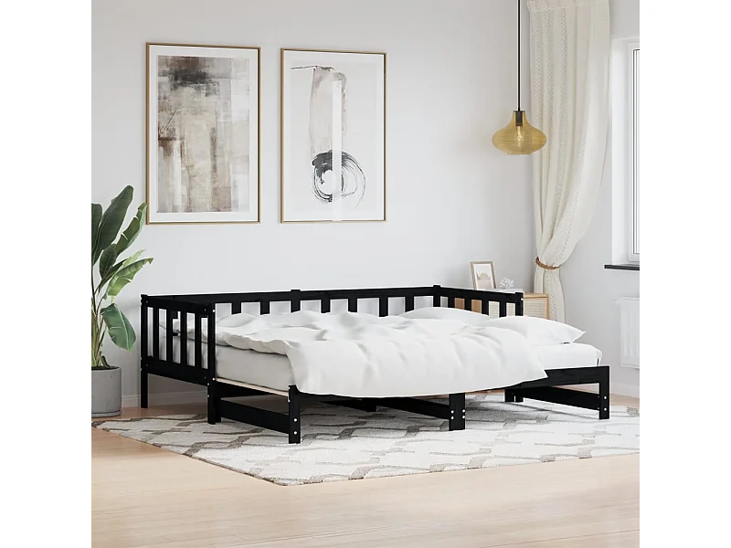 Lit de jour avec lit gigogne-90x200 cm noir 90x200 cm bois de pin massif KSAW45260