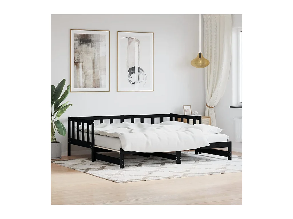 Lit de jour avec lit gigogne-90x200 cm noir 90x200 cm bois de pin massif KSAW45260
