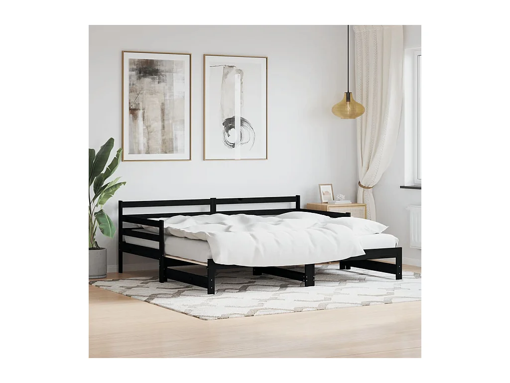 Lit de jour avec lit gigogne-90x200 cm noir 90x200 cm bois de pin massif QSO49589