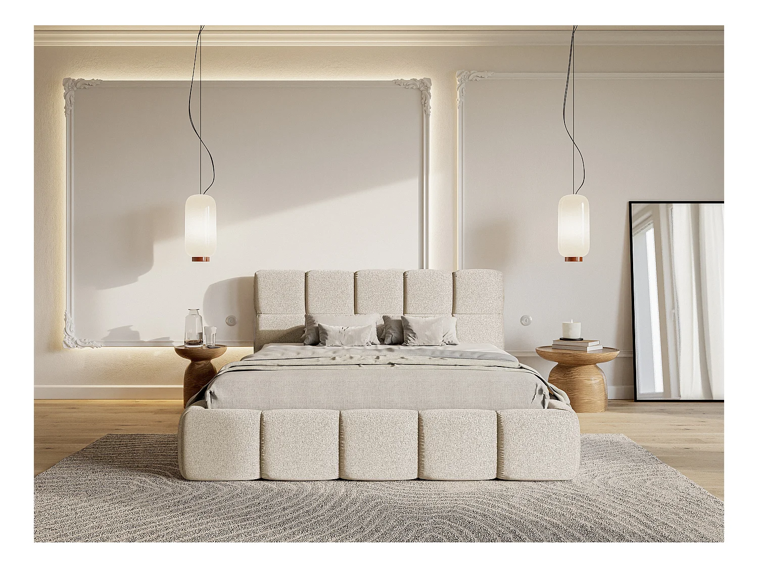 Lit rembourré - 180x200 cm - beige clair chenille hydrophobe - CLOUDY