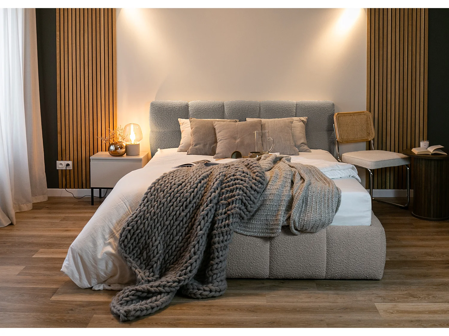 Bett mit Polsterrahmen - 160 cm - Boucle-Bezug in Grau - CLOUDY