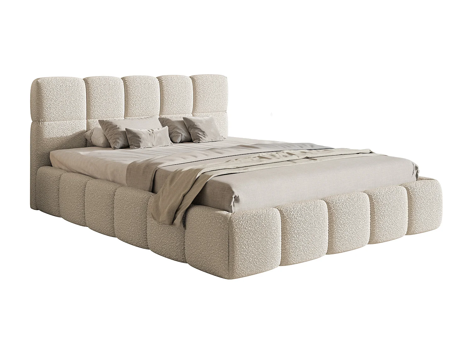 Bett mit Polsterrahmen - 140 cm - Boucle-Bezug in Hellbeige - CLOUDY