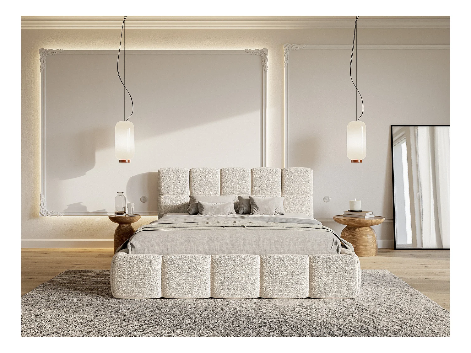 Bett mit Polsterrahmen - 140 cm - Boucle-Bezug in Hellbeige - CLOUDY