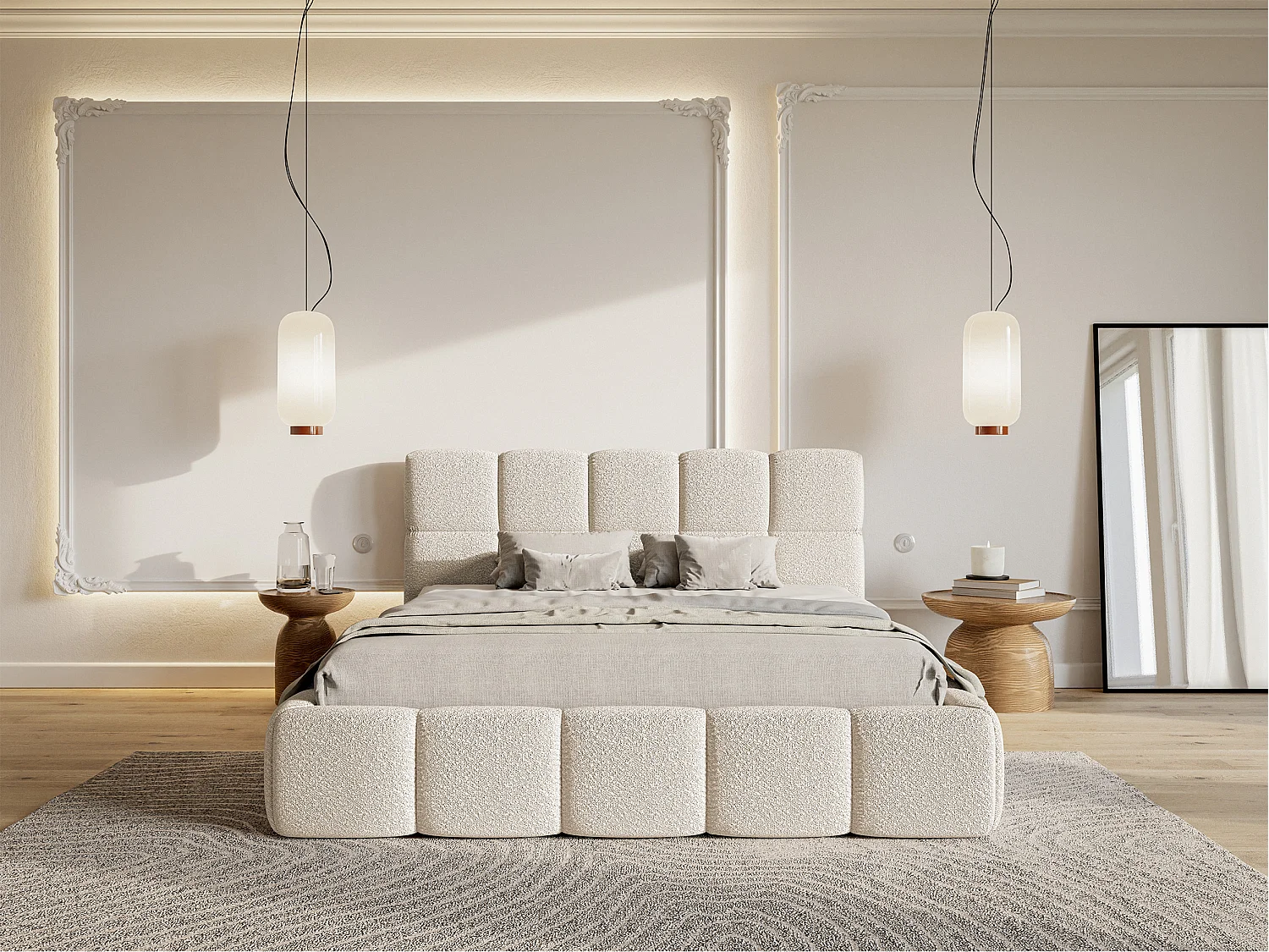 Lit rembourré - 140x200 cm - beige clair boucle - CLOUDY