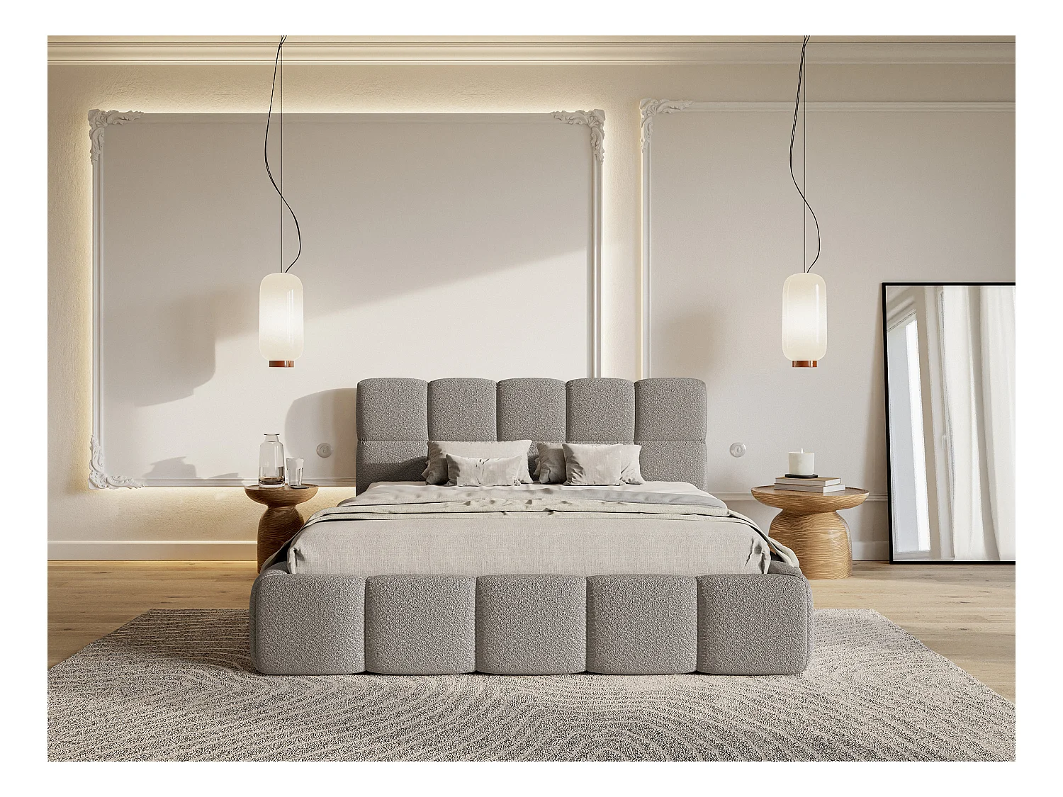 Bett mit Polsterrahmen - 180 cm - Boucle-Bezug in Grau - CLOUDY
