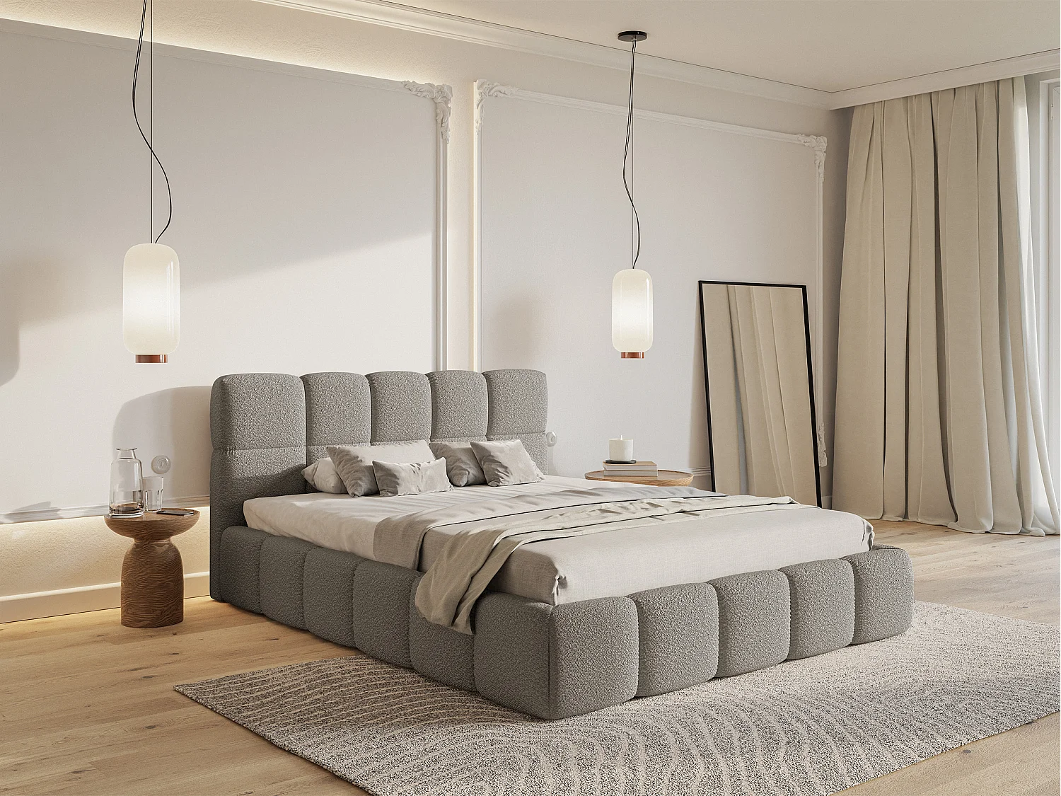 Bett mit Polsterrahmen - 180 cm - Boucle-Bezug in Grau - CLOUDY