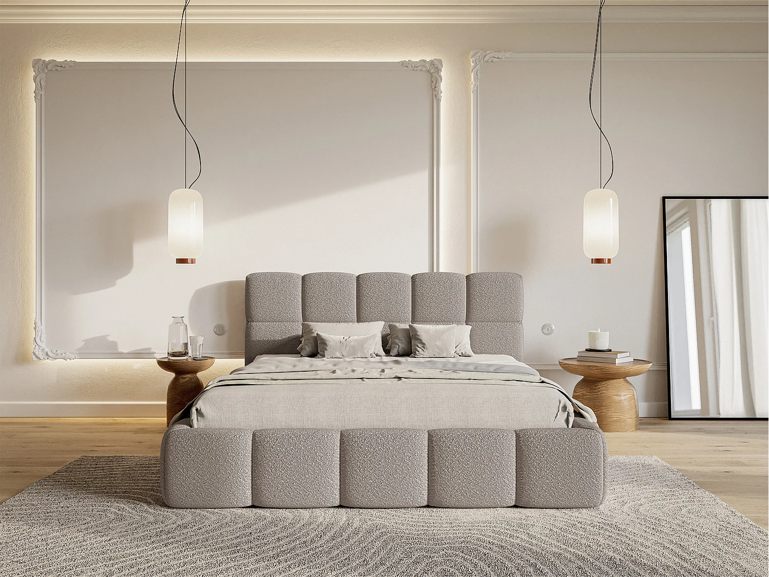 Lit rembourré - 160x200 cm - gris clair boucle - CLOUDY
