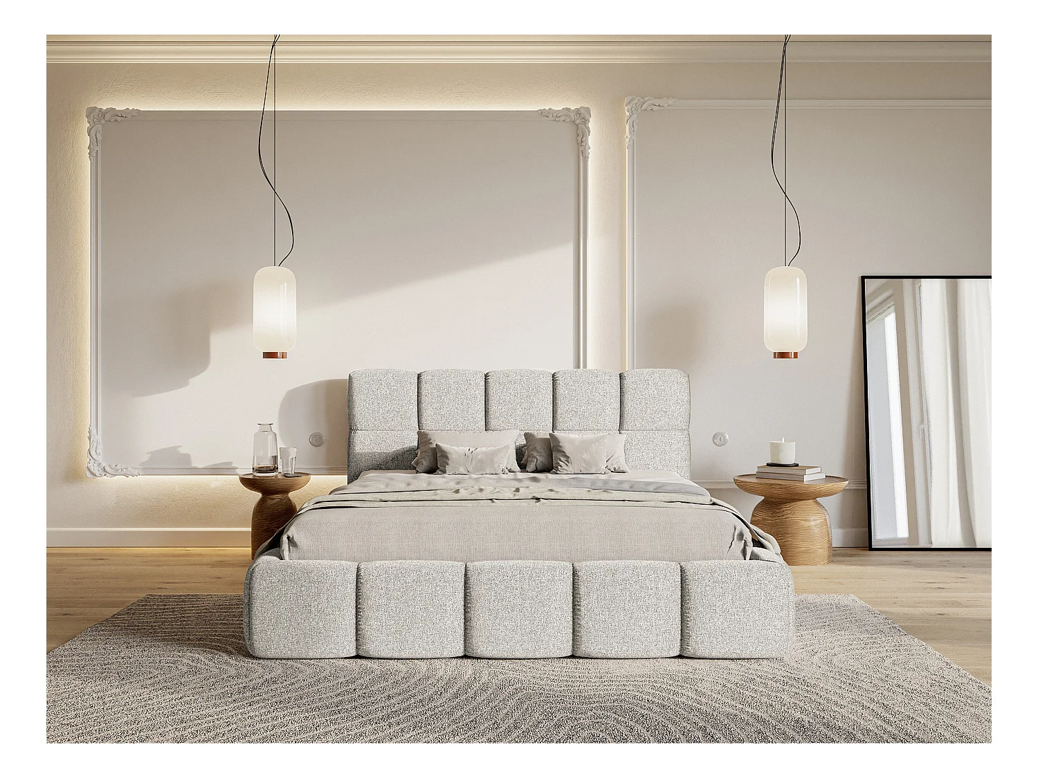 Lit rembourré - 180x200 cm - gris clair chenille hydrophobe - CLOUDY