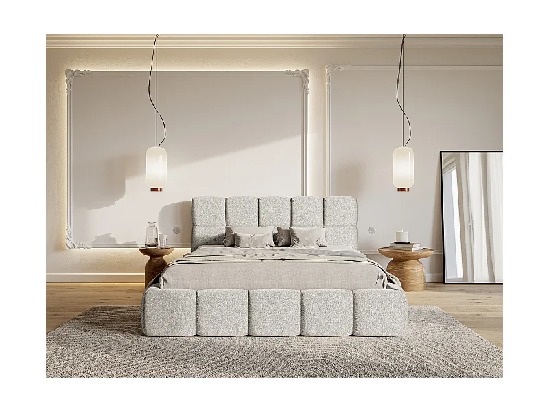 Bett mit Polsterrahmen - 140 cm - Chenille-Bezug in Hellgrau - CLOUDY