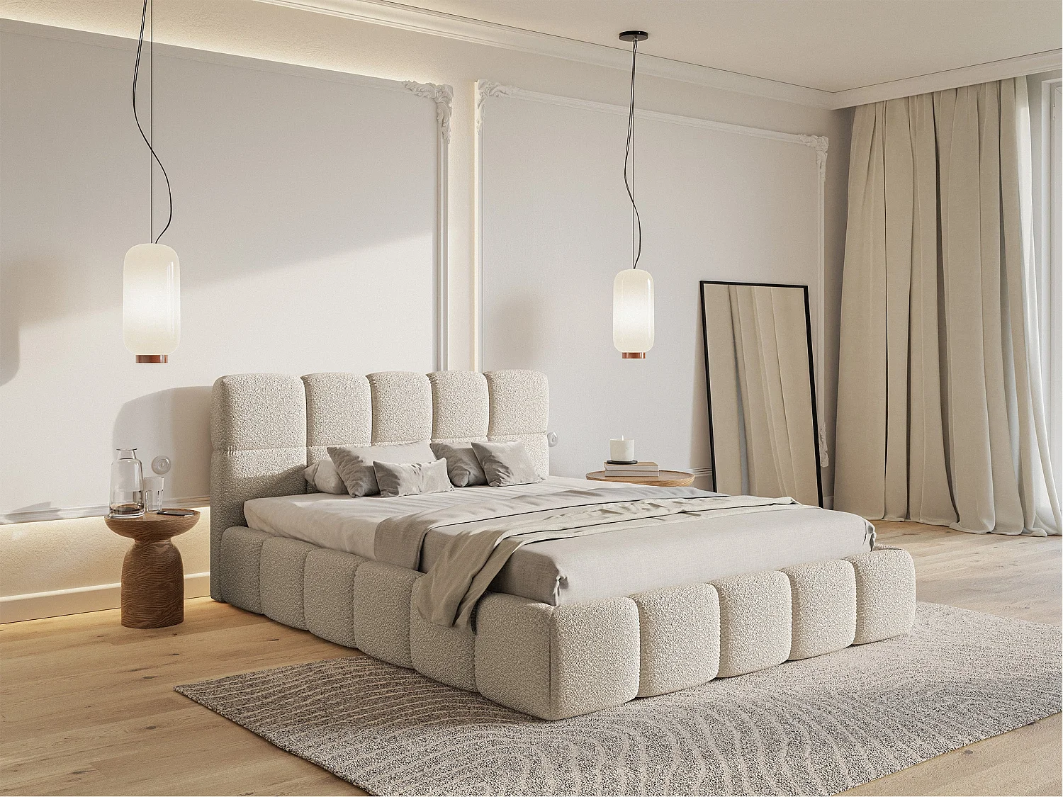 Lit rembourré - 160x200 cm - beige clair boucle - CLOUDY