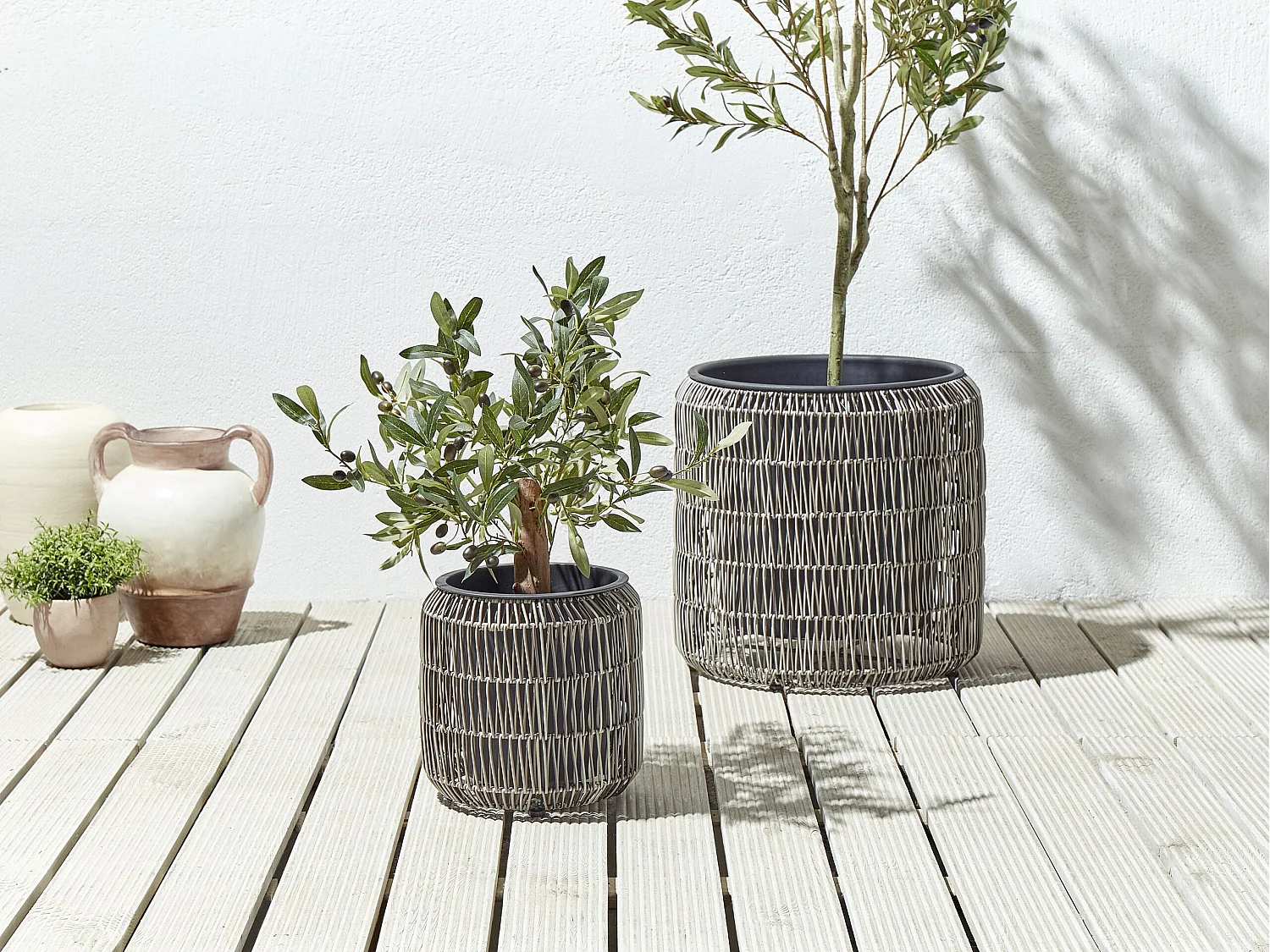 Conjunto de 2 vasos para plantas BRODIEA Ratan sintético 26/45 cm Castanho claro