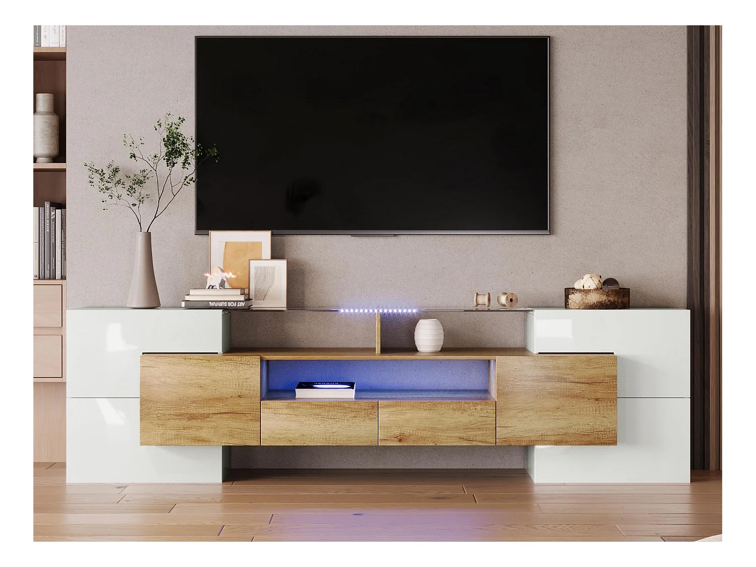 Meuble TV moderne avec 4 portes 2 tiroirs & 2 niches - Aspect blanc brillant - LEDs - Longueur 200cm - Coloris chêne